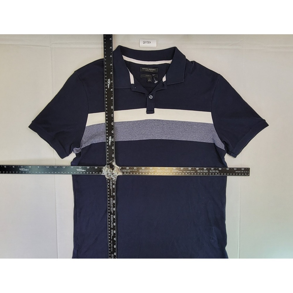 Banana Republic Men's Navy Blue‎ Striped Short Sleeve Polo Shirt Size L - Picture 2 of 5